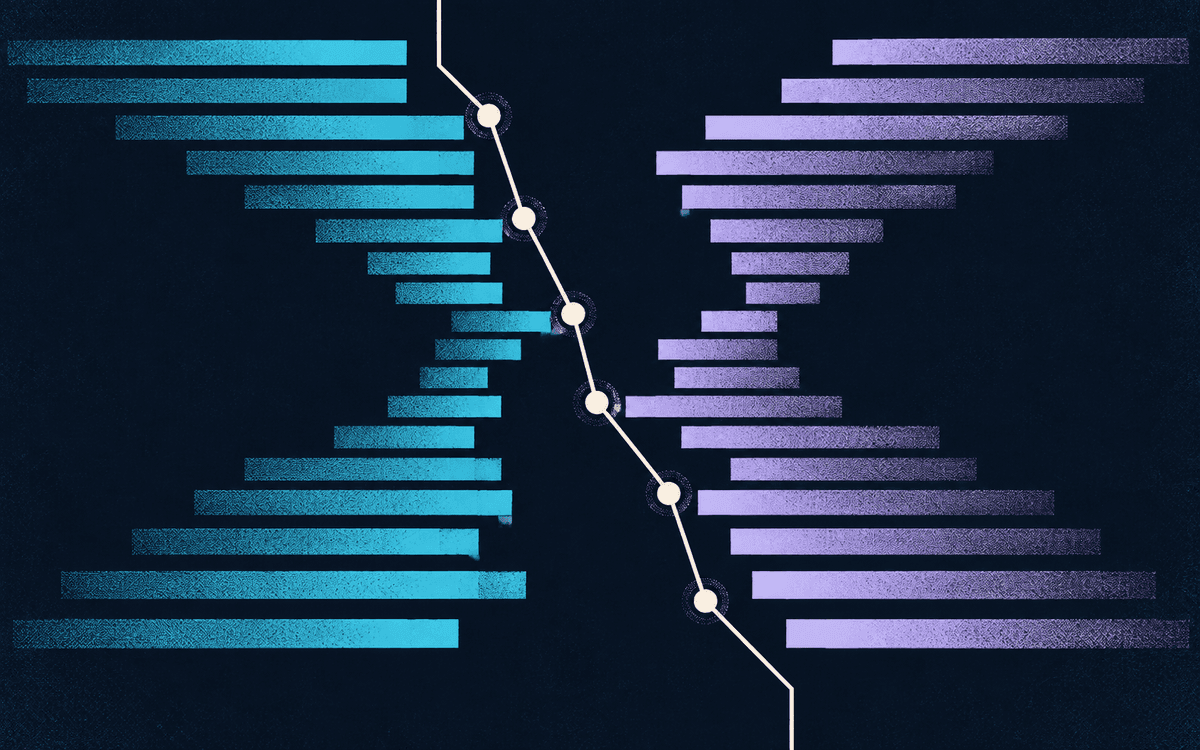 A path crosses horizontal order-book layers in a dark screenprint illustration.