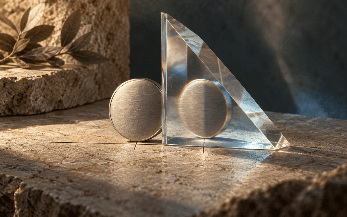 A silver disc appears displaced through an optical prism, illustrating the distinction between reference and received value.