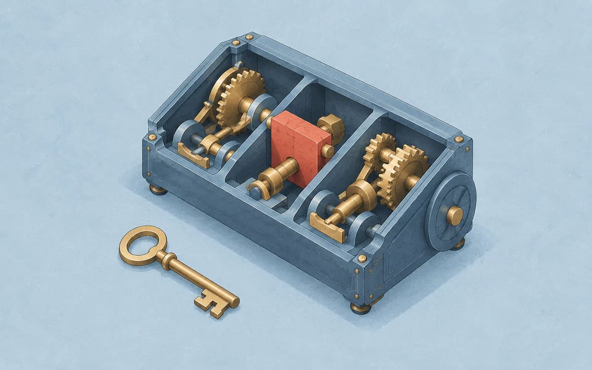Ilustrasi editorial sebuah kunci dan mekanisme dengan jalur kendali yang terpisah