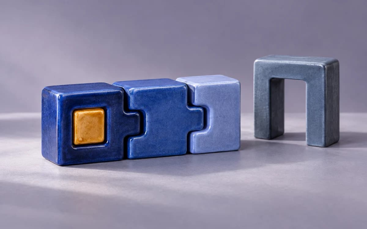 Three interlocking blue ceramic blocks beside a separate gateway in a conceptual illustration.