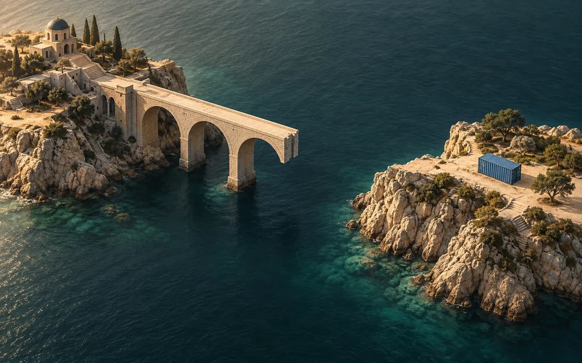 An incomplete bridge separates two islands with cargo waiting
