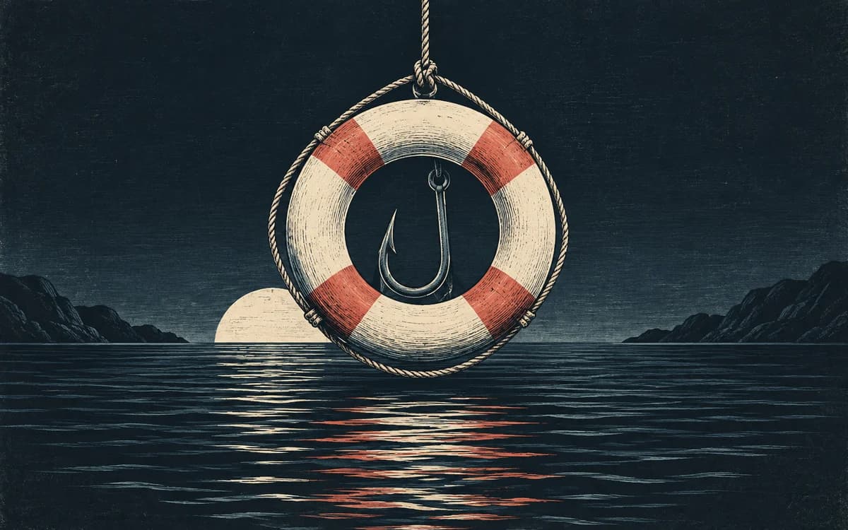 A hidden fishing hook behind a lifebuoy over water