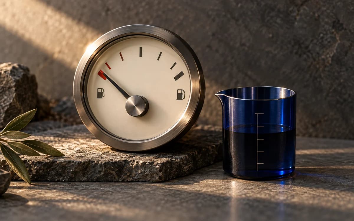 A fuel gauge and measuring vessel illustrate resource usage