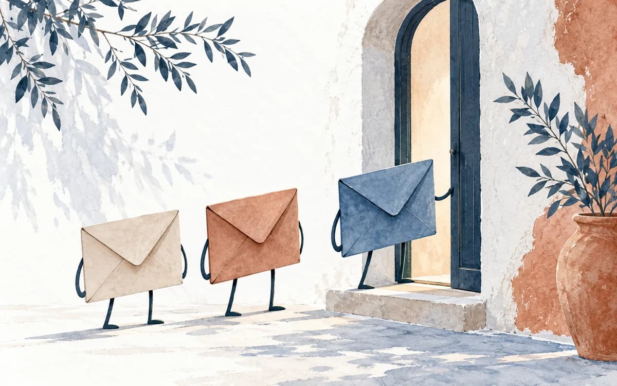 Envelopes wait in sequence at a narrow doorway