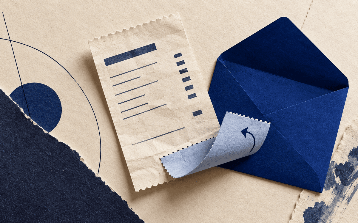 A paper receipt folds back toward a blue envelope, a metaphor for returning part of an expense.