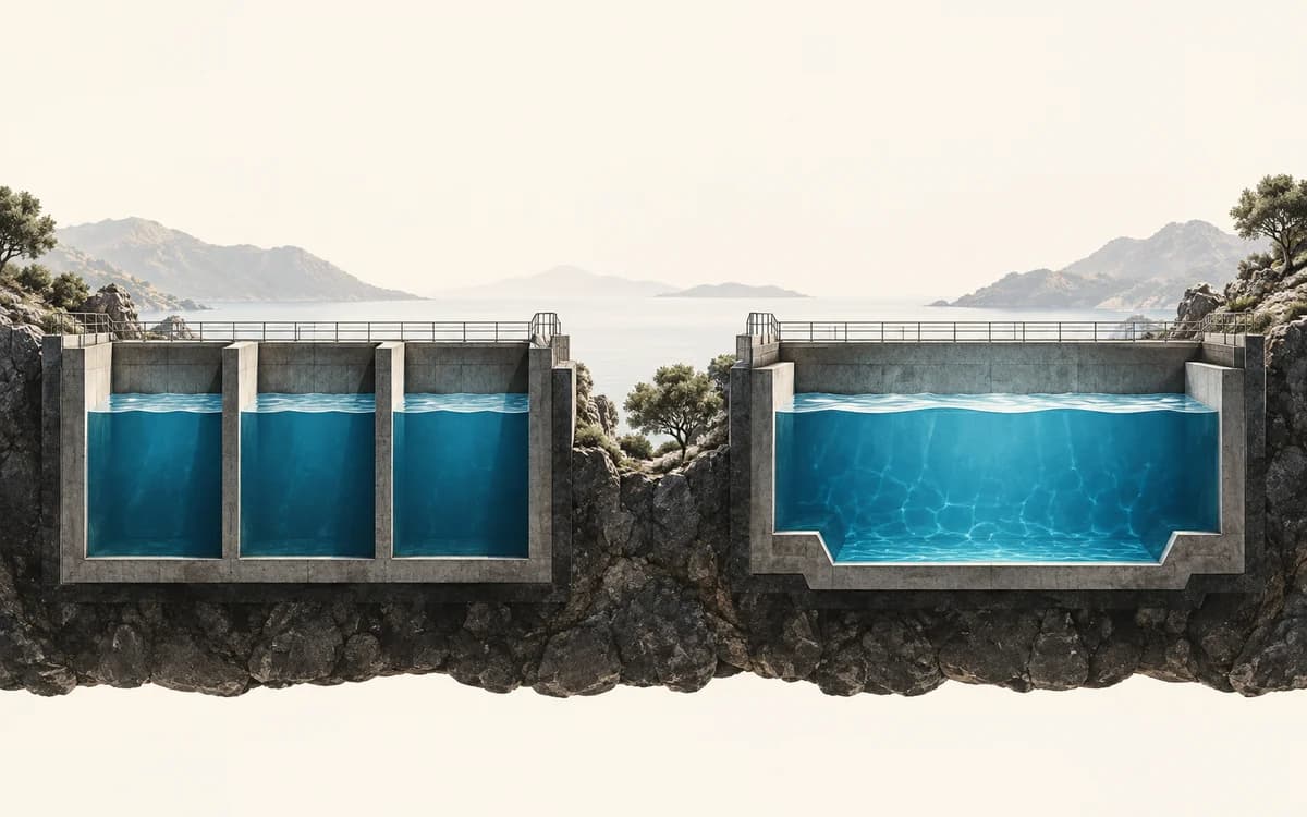 Separate reservoir chambers beside a connected pool