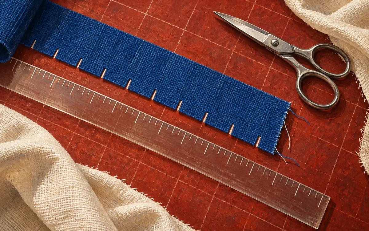 Notched blue fabric and a ruler on a red cutting mat illustrate fixed size increments
