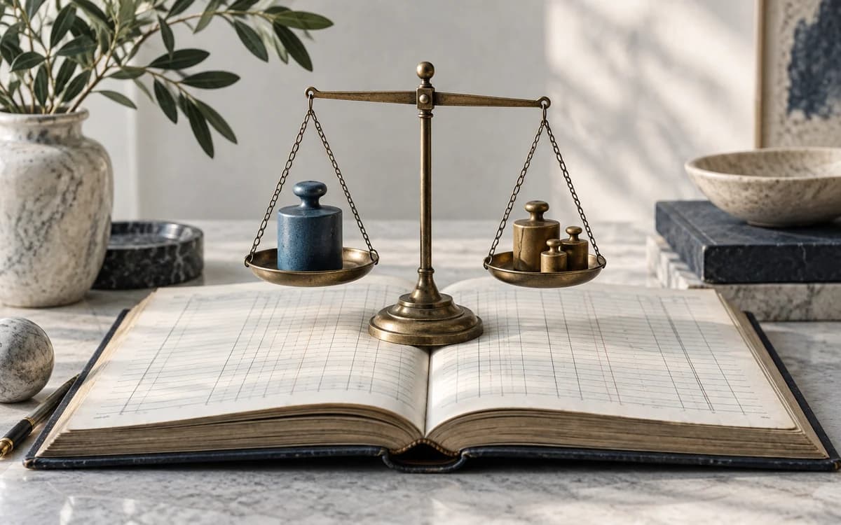 An open ledger beside a balance with several weights