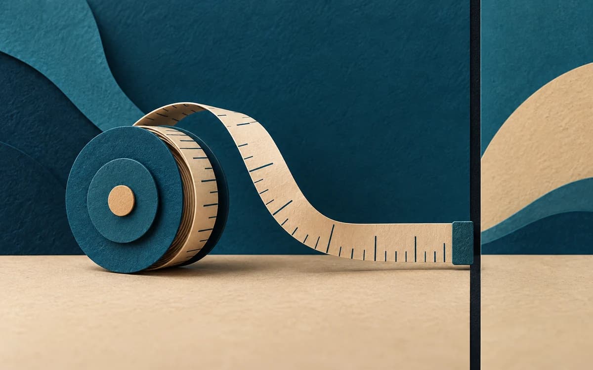 A measuring ribbon winds back toward its spool