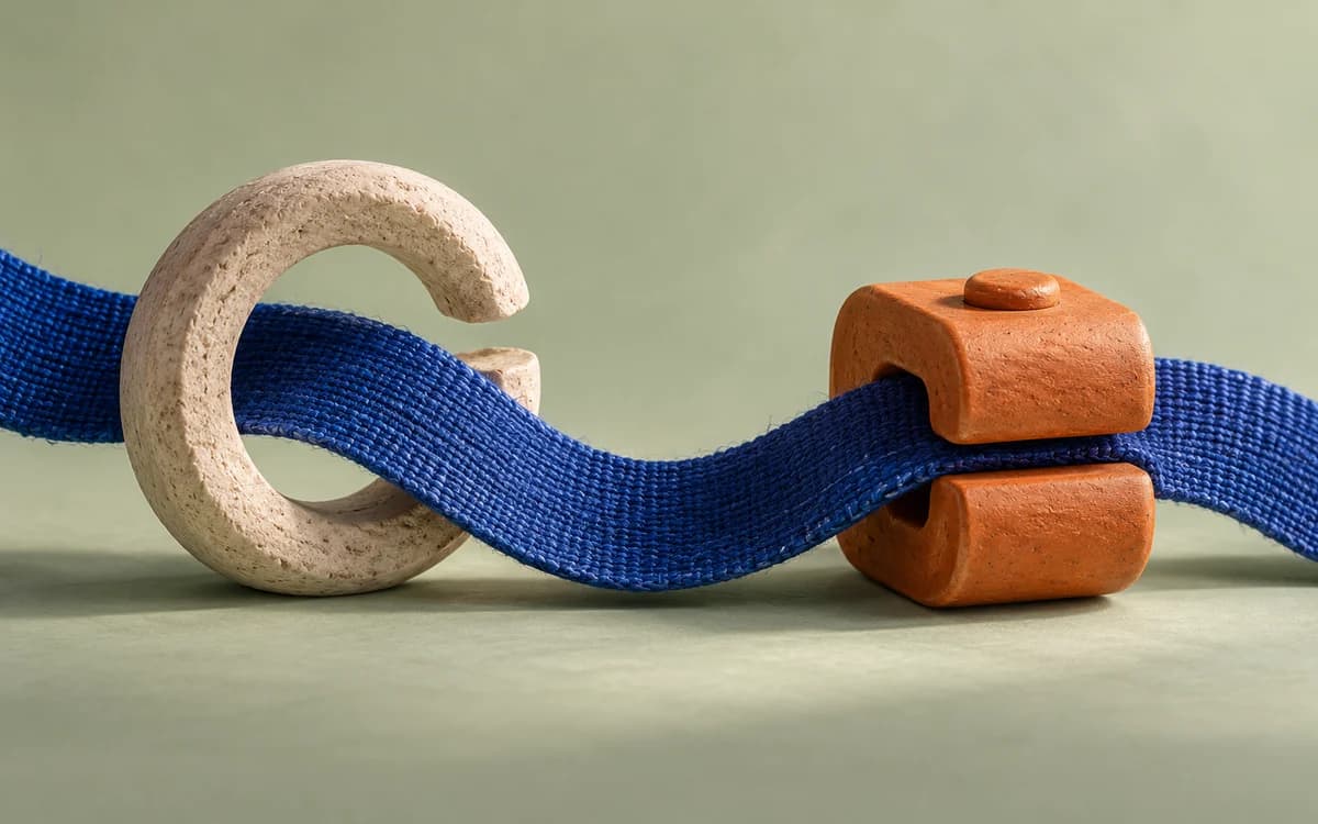 A blue ribbon passes through an open stone ring and is held by a separate orange clamp