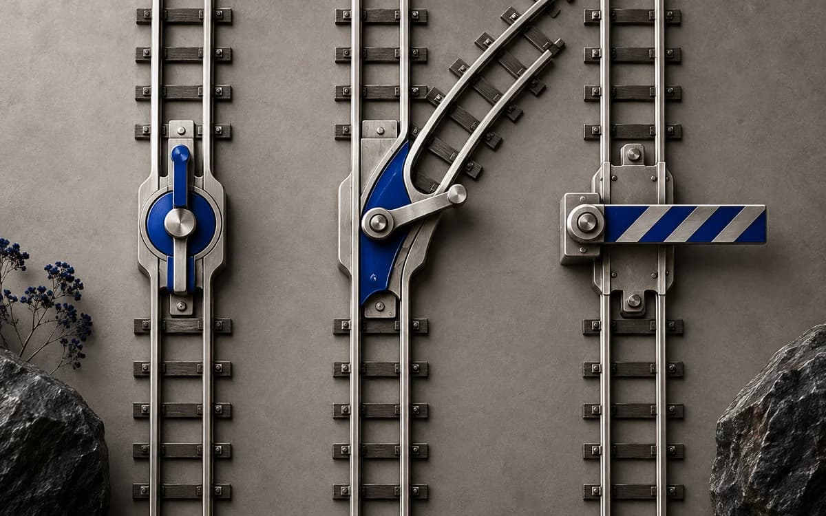 Three sculptural rail switches representing different execution constraints