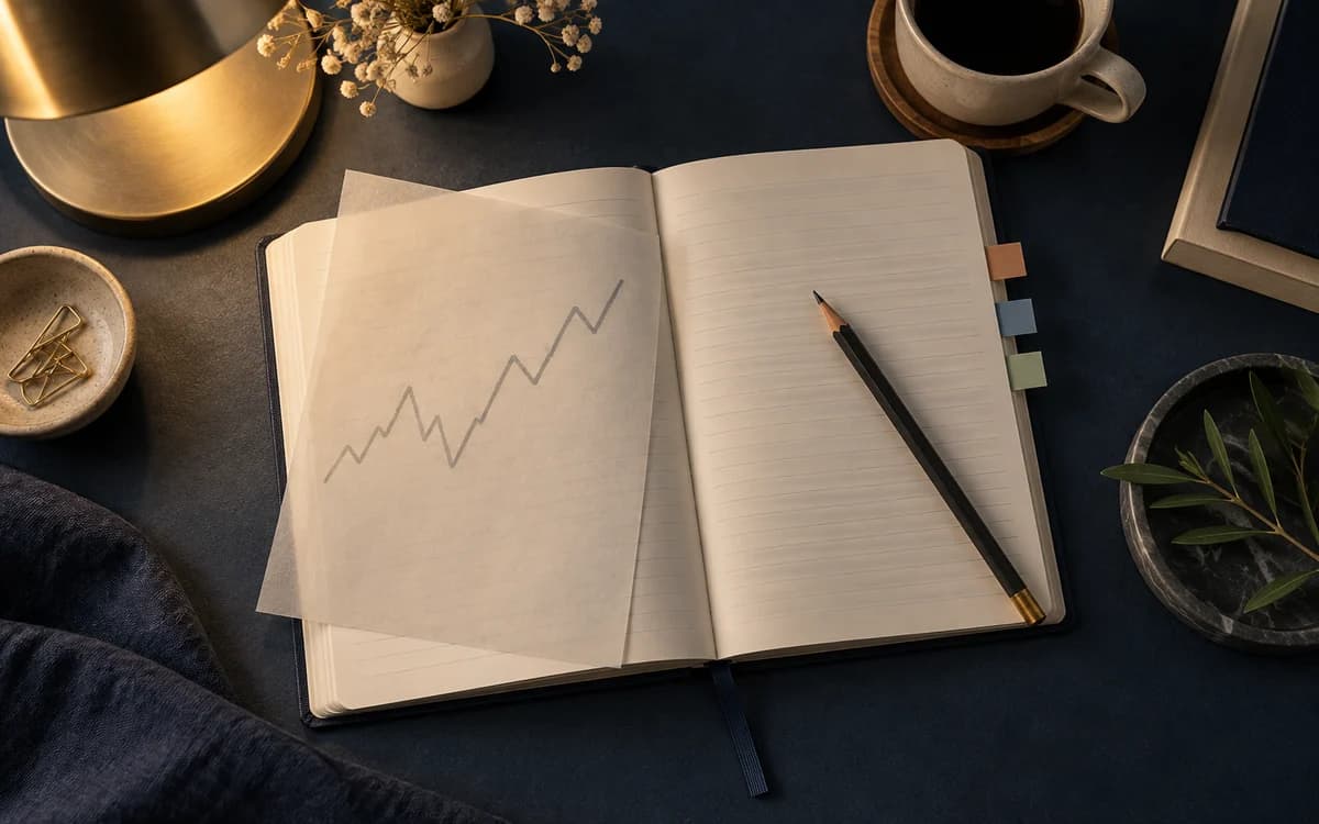 A notebook, pencil and tracing sheet form a trading review still life