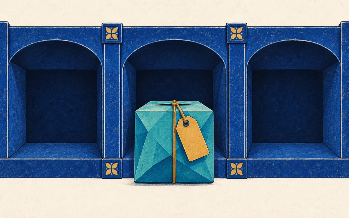 A tagged turquoise parcel in front of a blue sorting wall